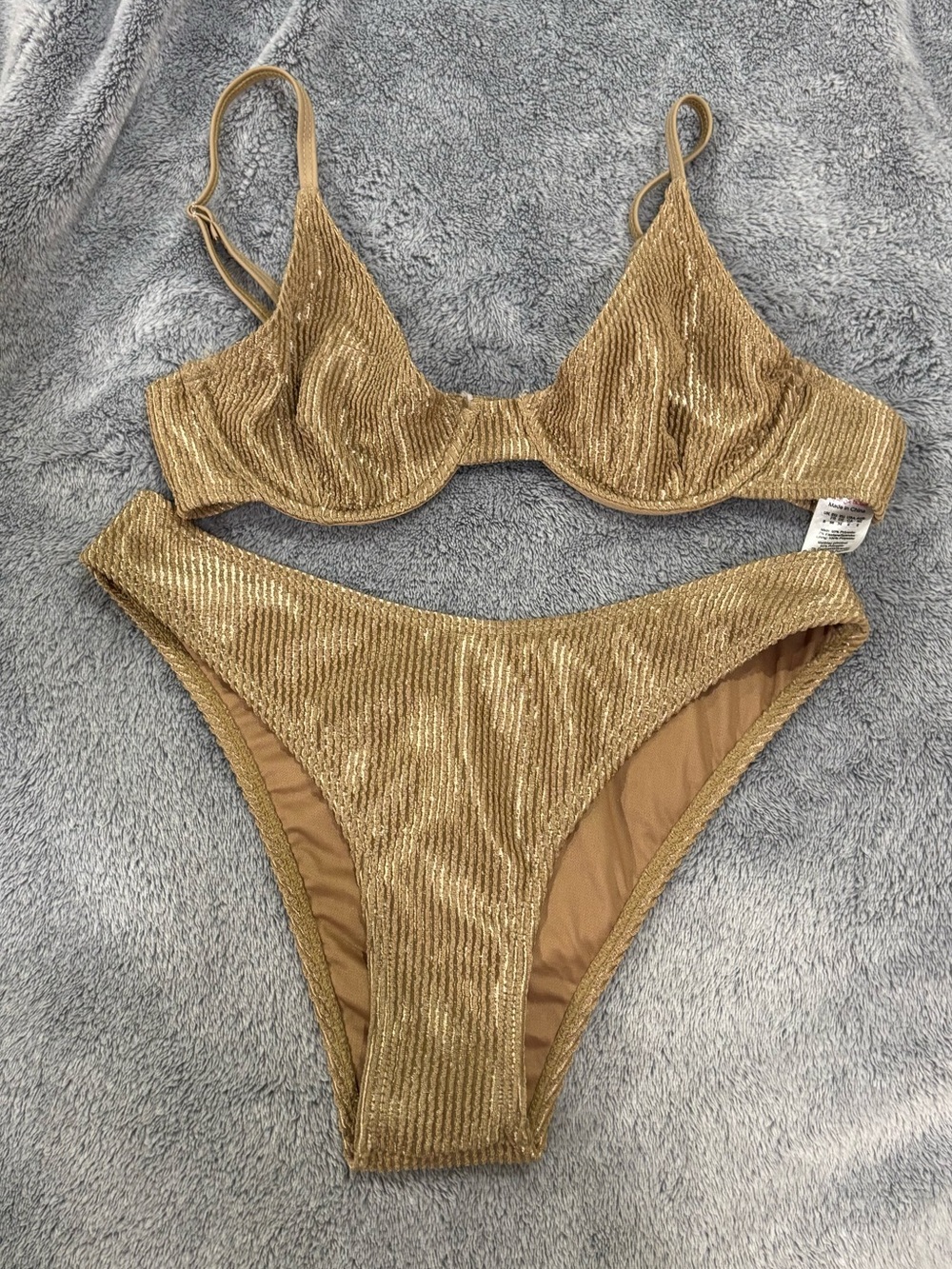 PrettyLittleThing Gold Shimmer Ribbed Bikini Set